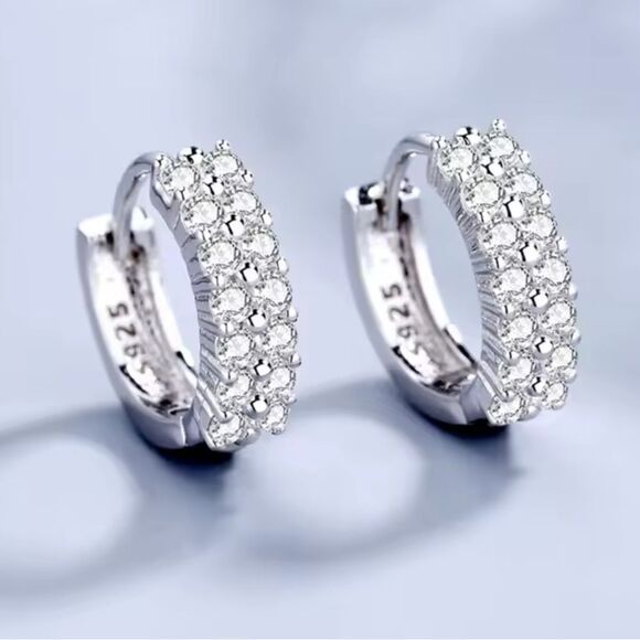925 Sterling Silver Hoop Earrings with Double Row Cubic Zirconia Diamonds NEW - Picture 1 of 4